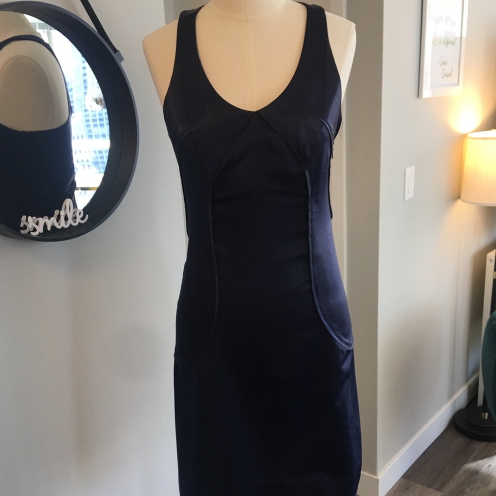 Satin navy fitted racerback dress